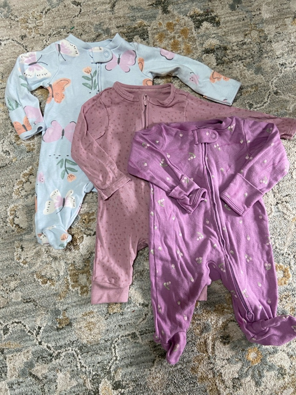 Carter's Light Blue, Mauve, and Purple Footed One-Pieces